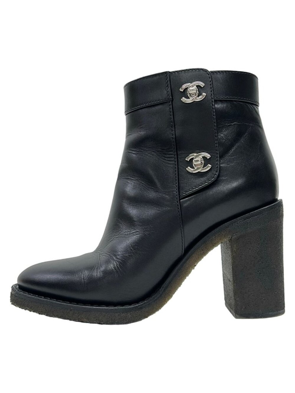 Chanel Short Boots Black Silver CC Logo Leather